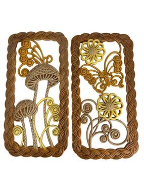 Set of 2 1970s Burwood Mushroom Butterfly Wall Décor Boho MCM Retro USA